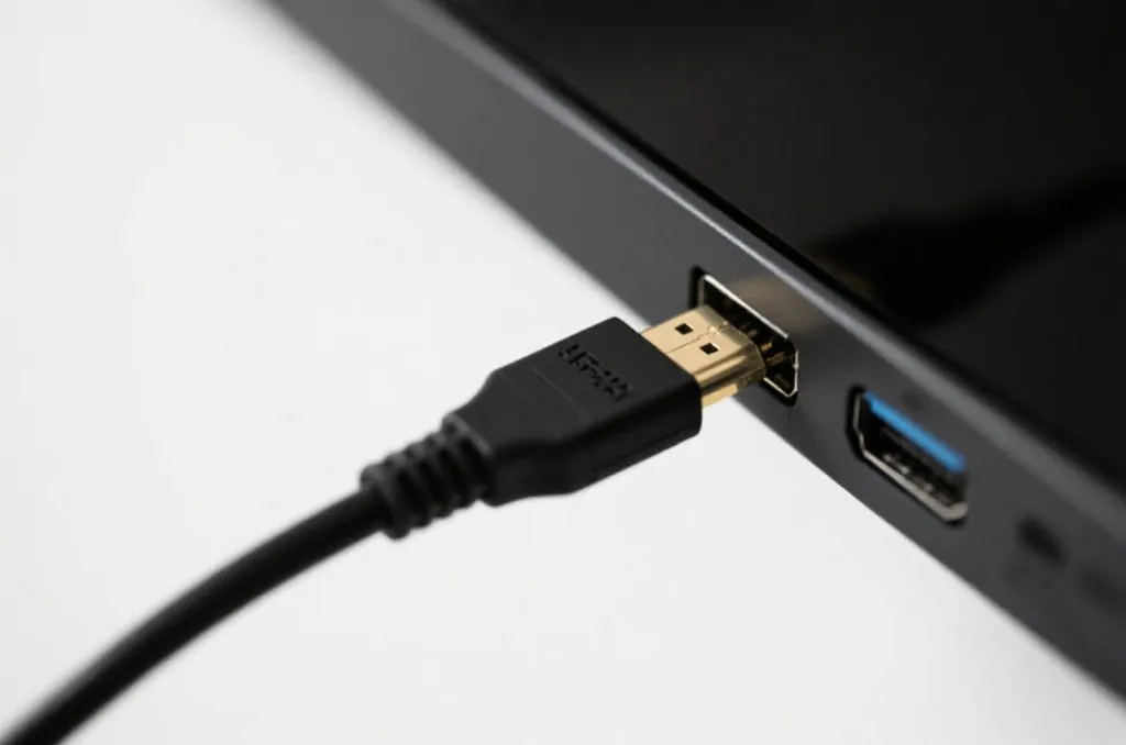近距離拍攝高品質HDMI 2.1線材插入智慧電視接口，展示科技質感與細節
